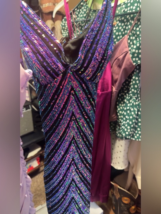 Windsor Dresses & Skirts - Black Sequin V-Front Party Dress with Iridescent Stripes Windsor